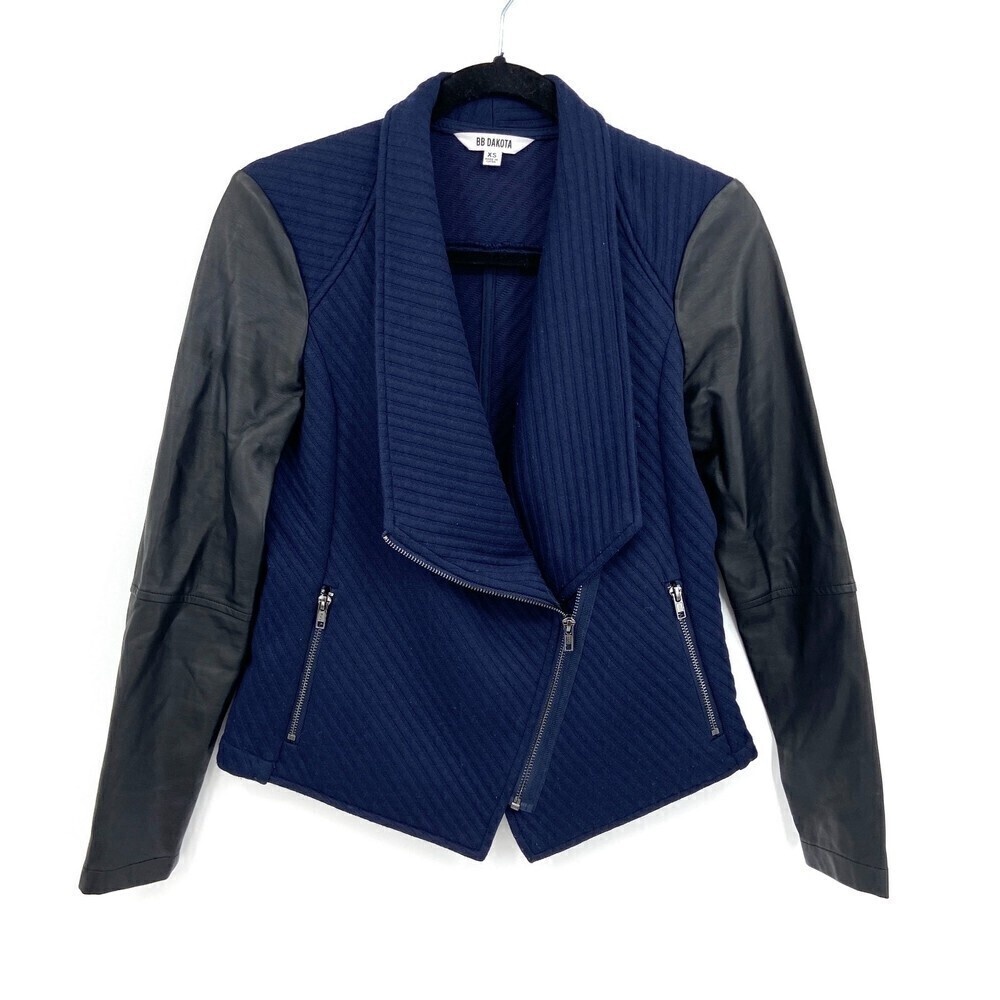 BB DAKOTA Navy Blue Black Sleeve Asymmetrical Full Zip Jacket Size XS